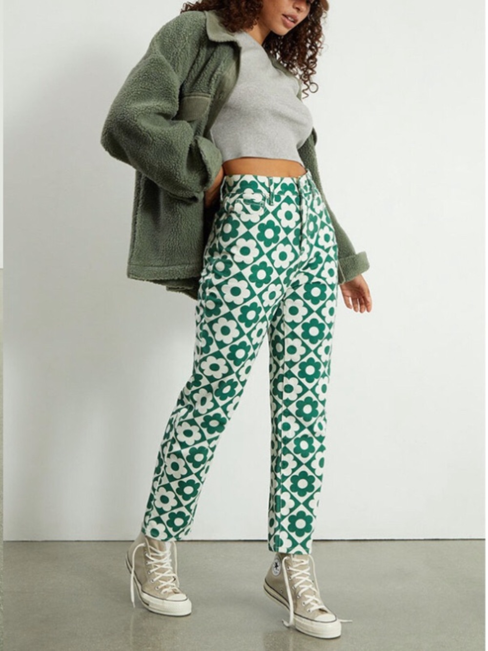 Pacsun Green & White Daisy High Waisted Straight Leg Jeans